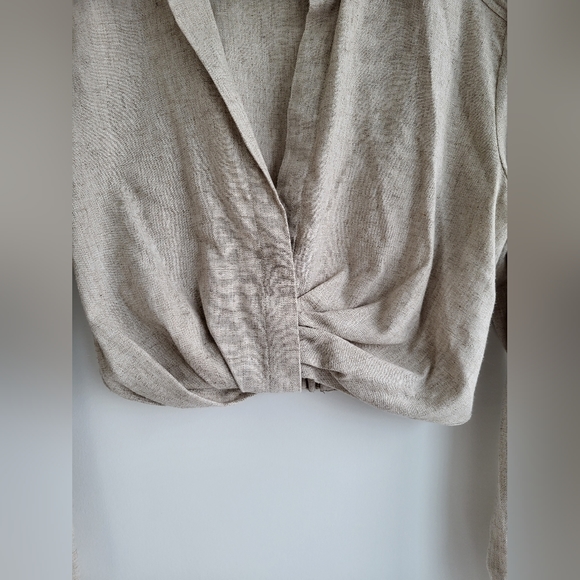 ZARA - Bloggers Favorite Linen Blend Cropped Gather Long Sleeves  Collar Shirt - Picture 5 of 6